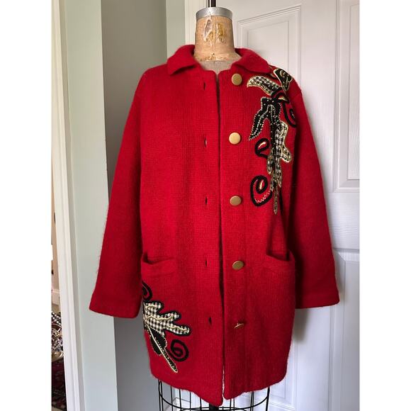 Vintage mohair cardigan sweater coat jacket red Y2K I.B. Diffusion Applique Sz S - Picture 2 of 16